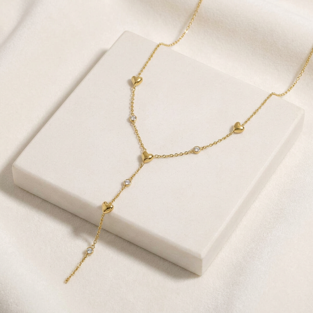 Collier cœur à strass en Y — Doré