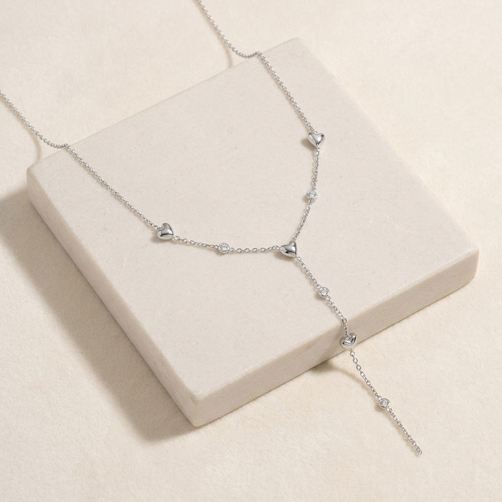 Collier cœur à strass en Y — Argenté