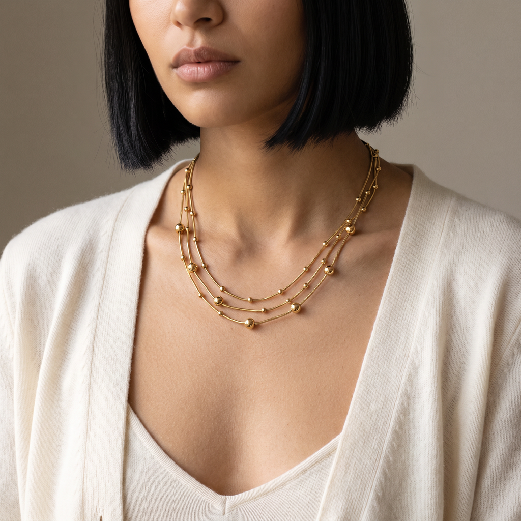 Collier serpent à boules en multirang, porté mi-corps, doré