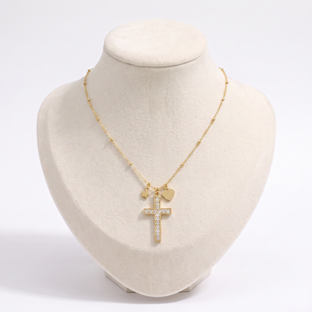 Collier croix, cœur et étoile à strass, vue de face, doré
