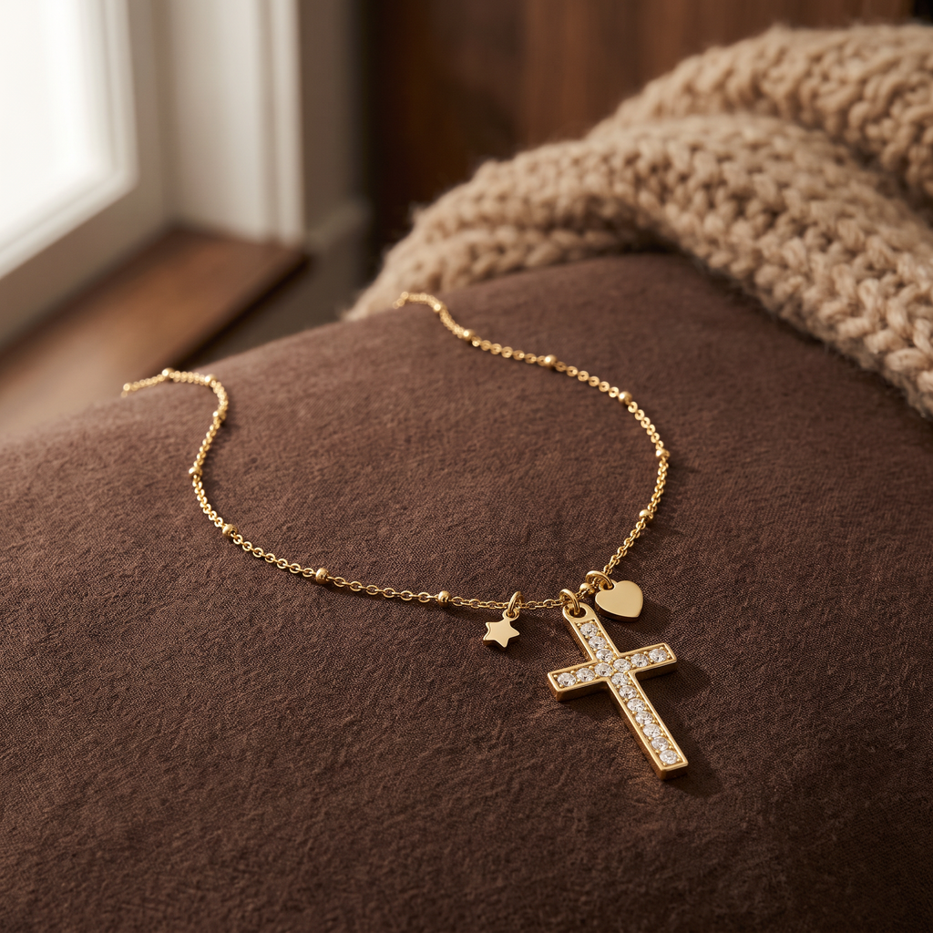 Collier croix, cœur et étoile à strass, porté en tenue, doré