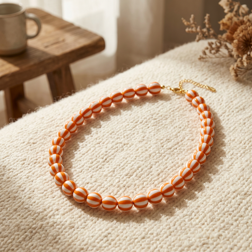 Collier de perles rayé en couleurs, porté en tenue