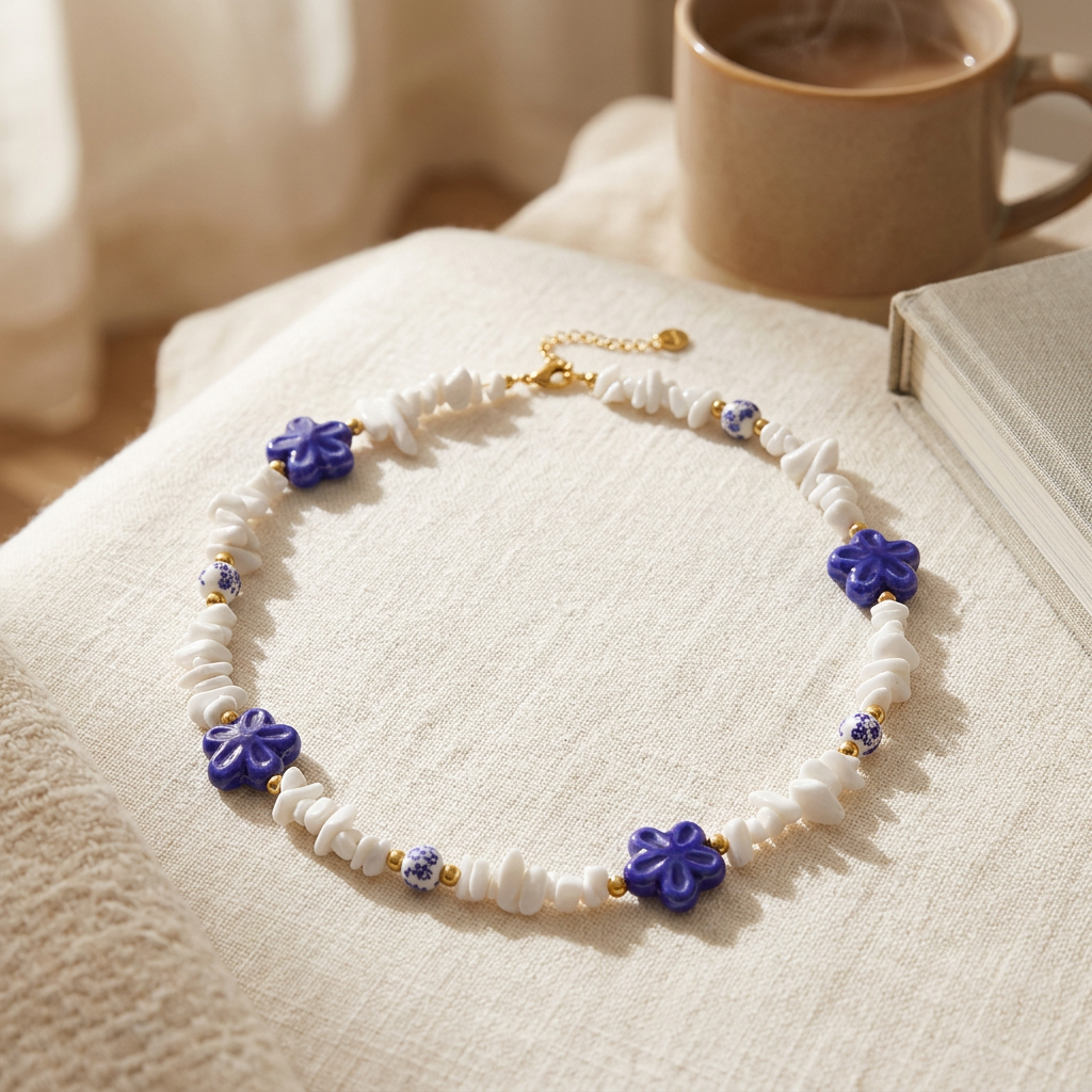 Collier fleur bleu en perles, porté en tenue