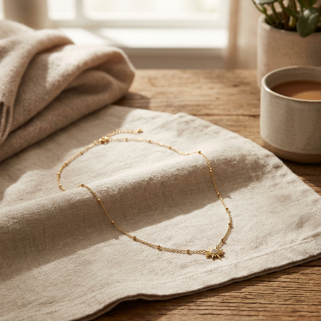 Collier ras de cou étoile à strass, porté en tenue, doré