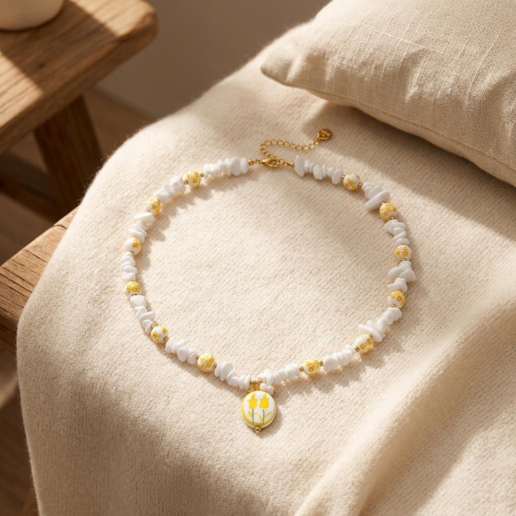 Collier fleur jaune en perles, porté en tenue