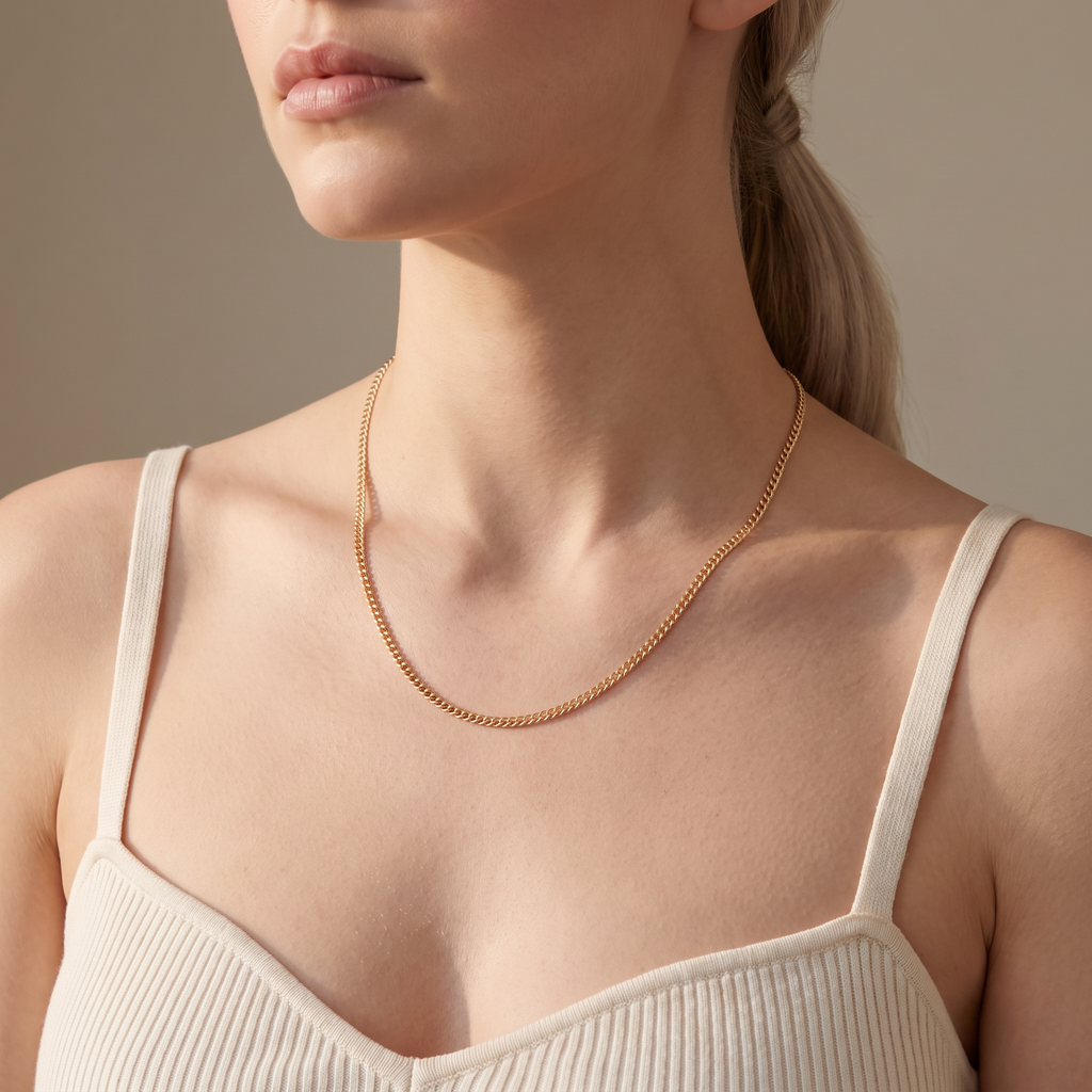 Collier ras de cou doré, porté mi-corps