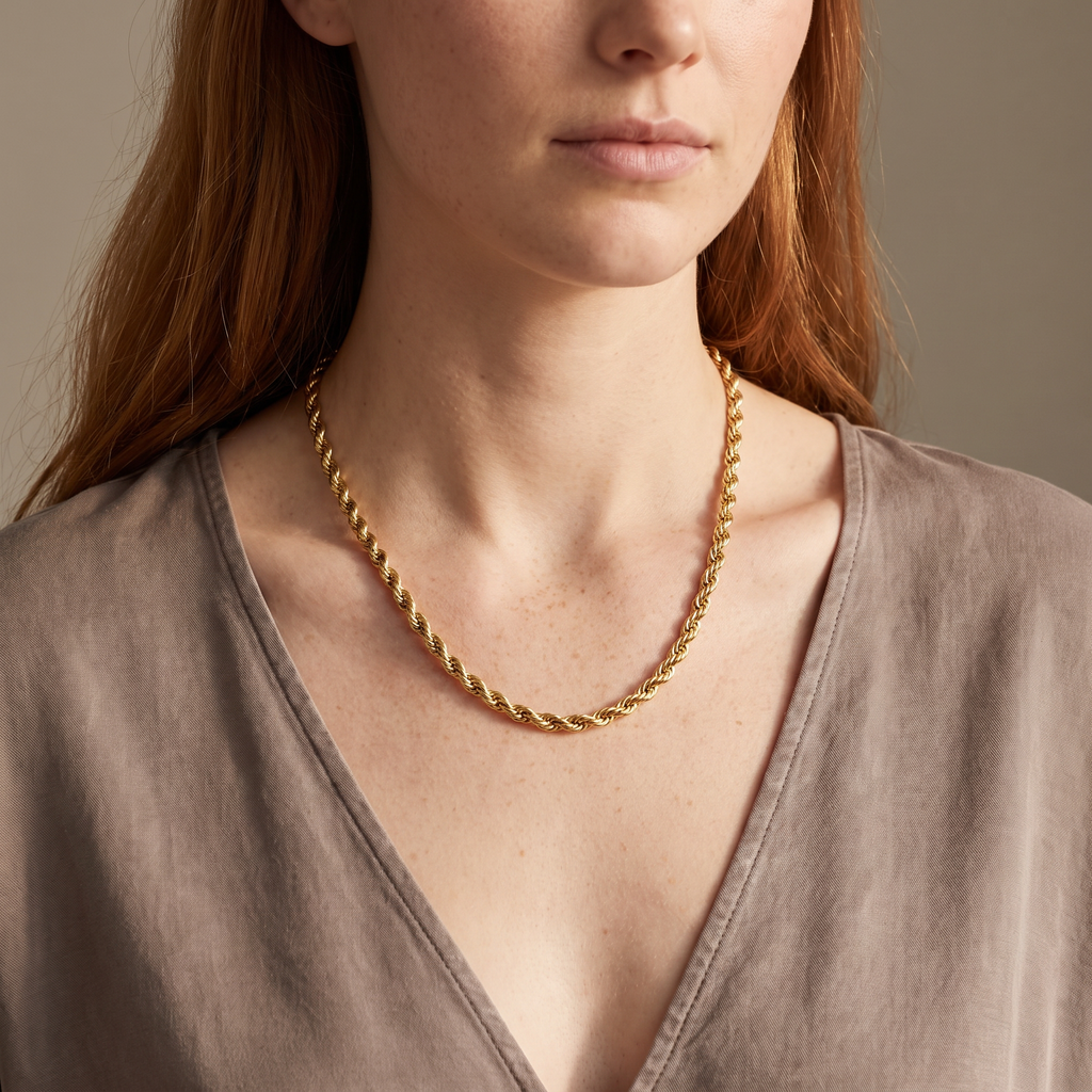 Collier ras de cou doré maille torsadée, porté mi-corps
