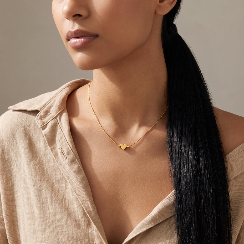 Collier ras de cou cœur à boules, porté mi-corps, doré