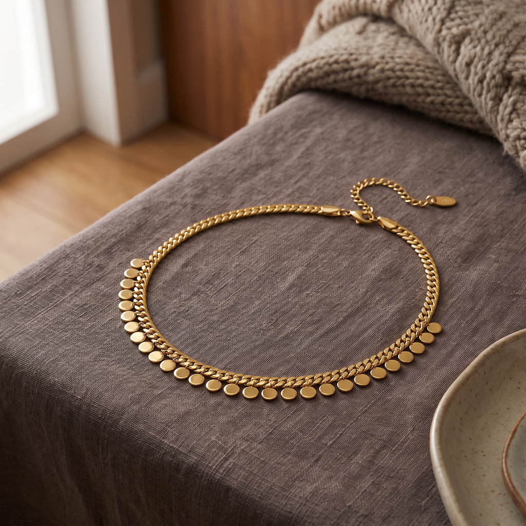 Collier ras de cou tressé à pois, porté en tenue, doré