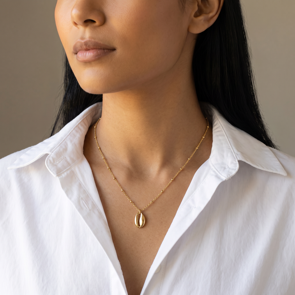 Collier cauri minimaliste, porté mi-corps, doré