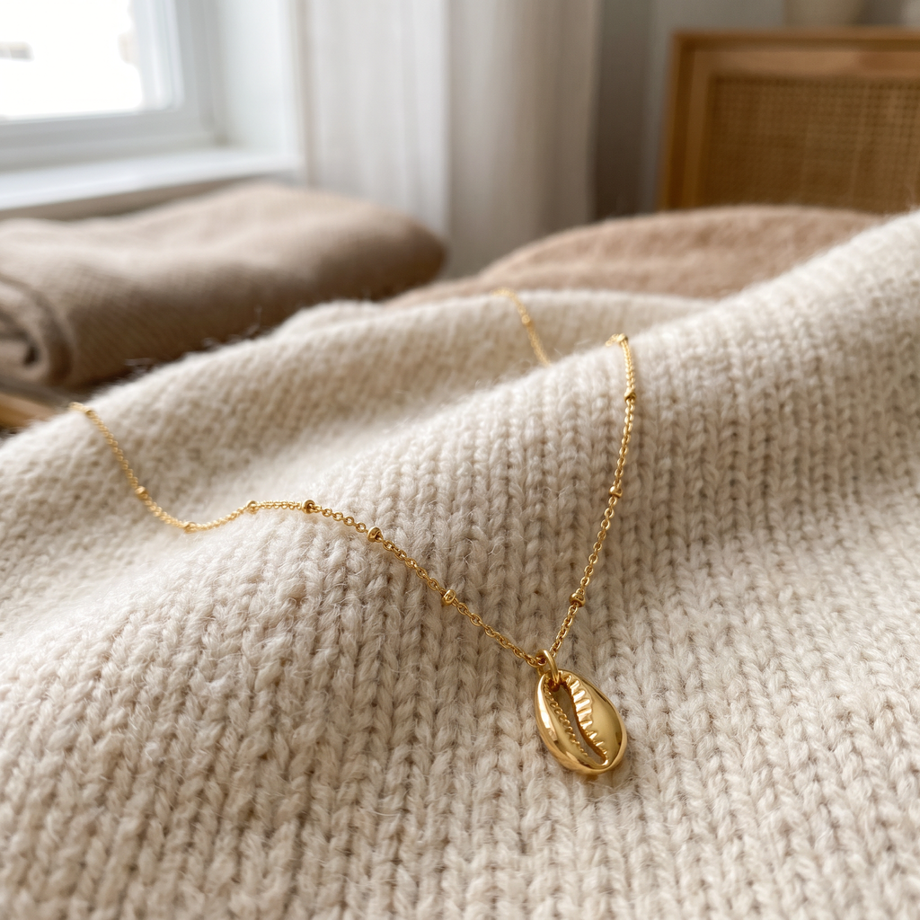 Collier cauri minimaliste, porté en tenue, doré