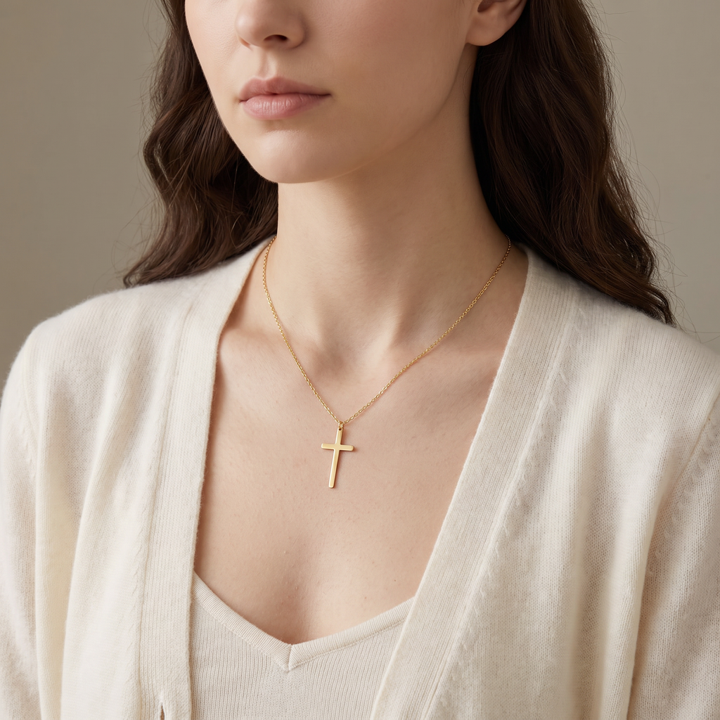 Collier croix minimaliste, porté mi-corps, doré
