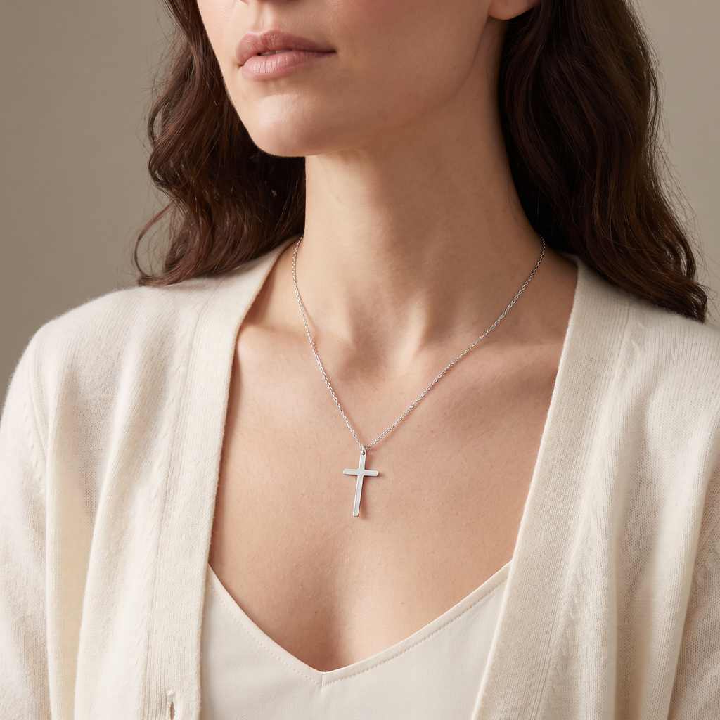 Collier croix minimaliste, porté mi-corps, argenté