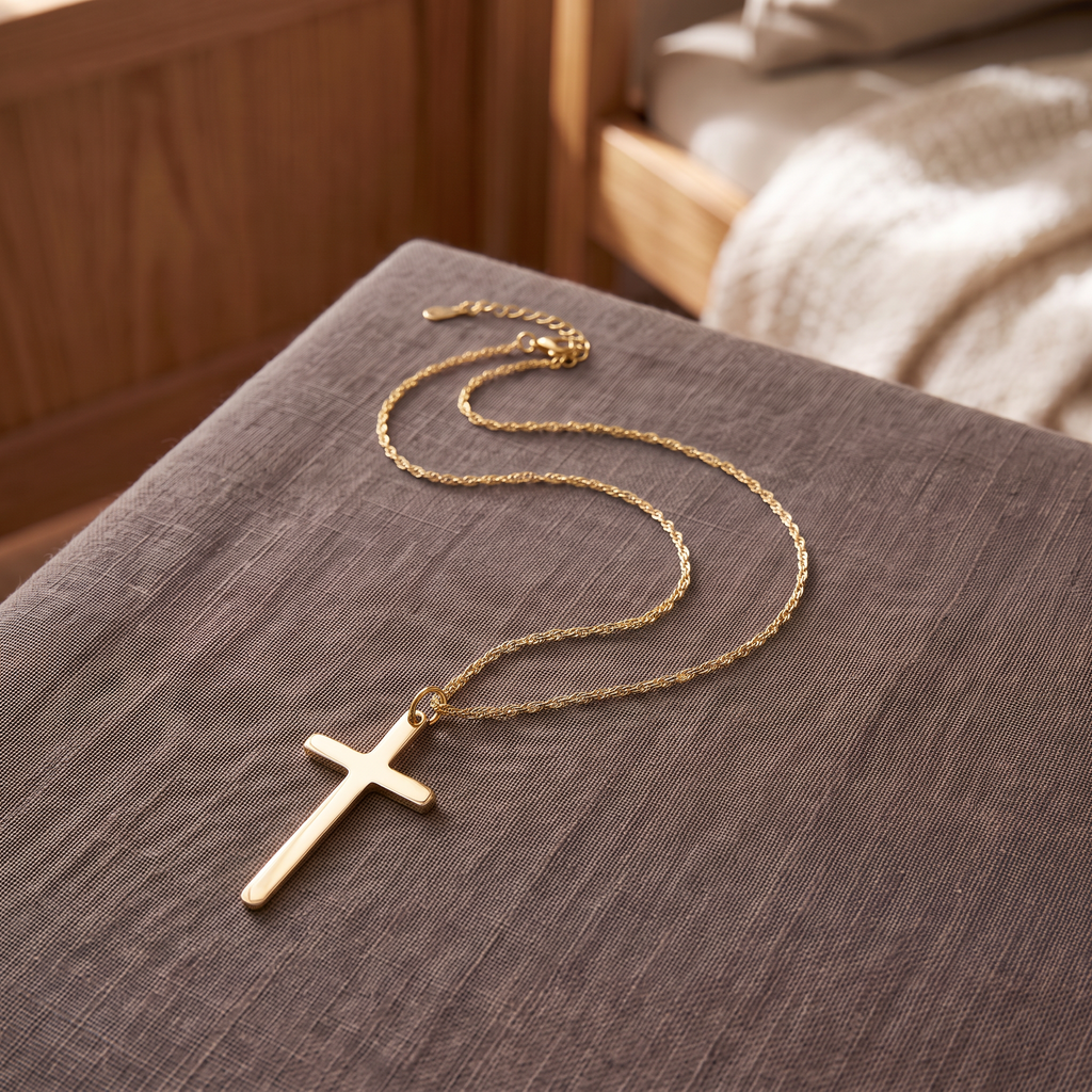 Collier croix minimaliste, porté en tenue, doré
