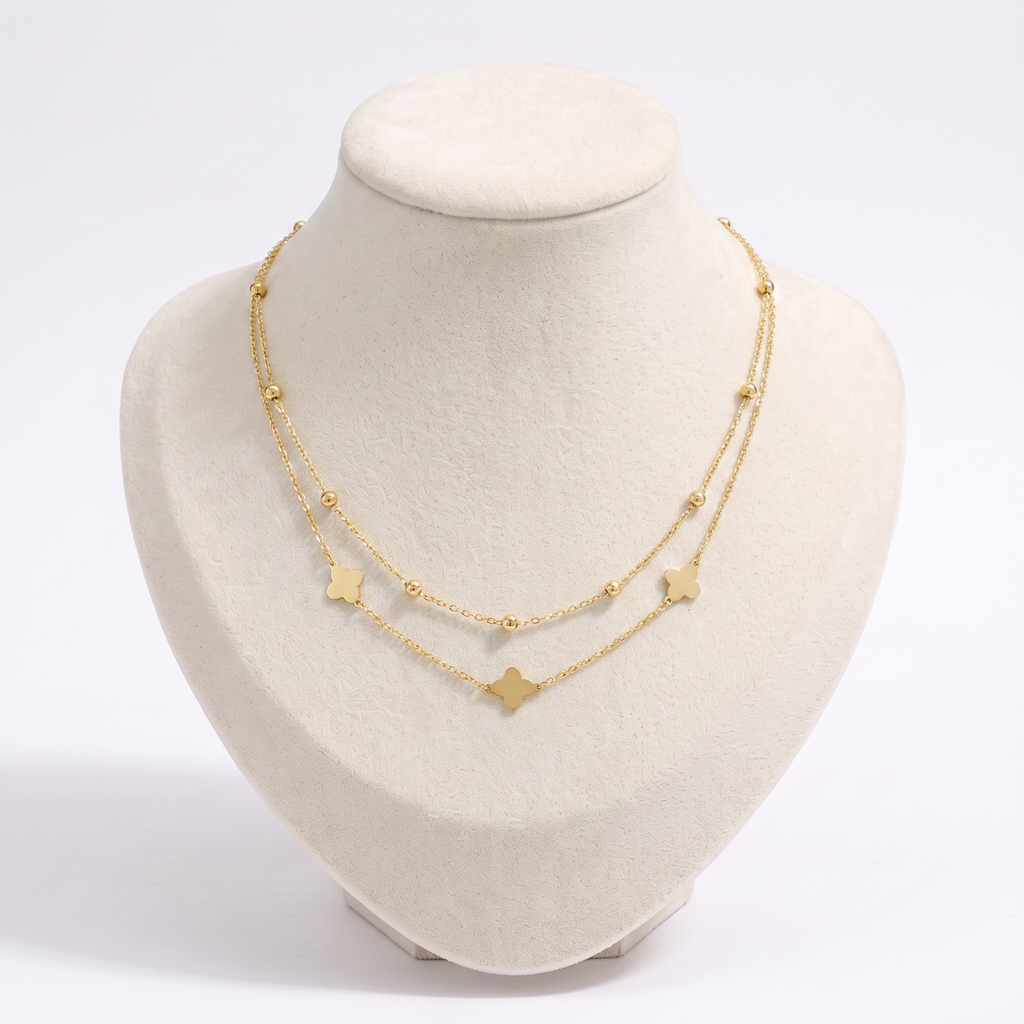Collier trèfle à boules double rang, vue de face, doré