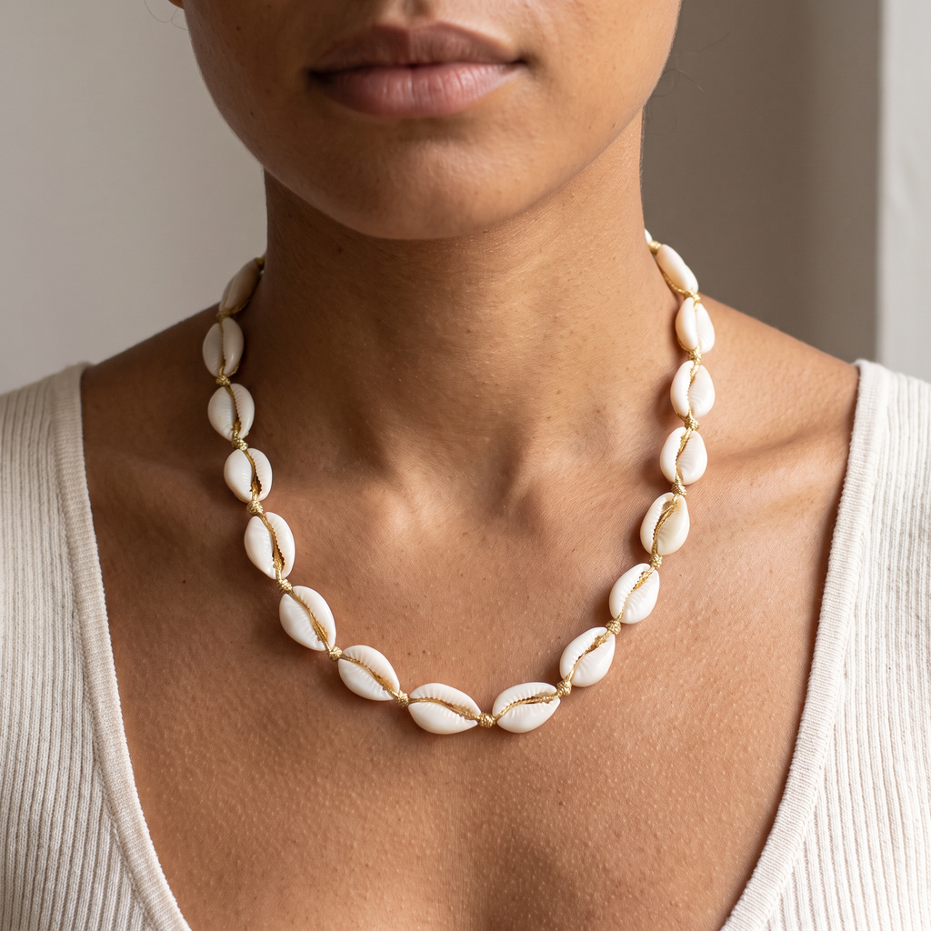 Collier ras de cou coquillage doré, porté mi-corps