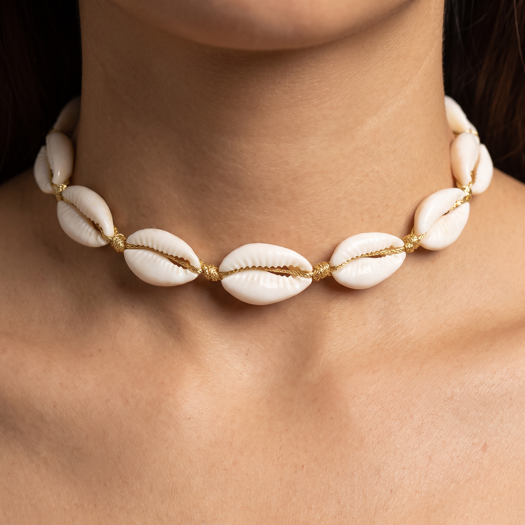 Collier ras de cou coquillage doré, porté