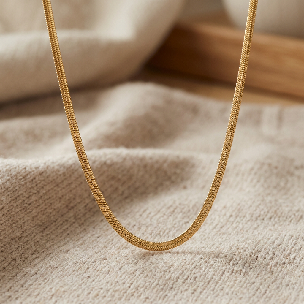 Collier serpent sur chaîne, porté en tenue, doré