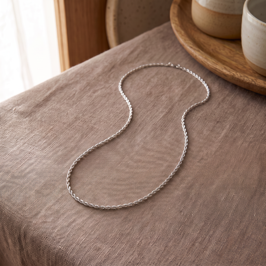 Collier chaîne maille torsadée 2 mm 40 cm, porté en tenue, argenté
