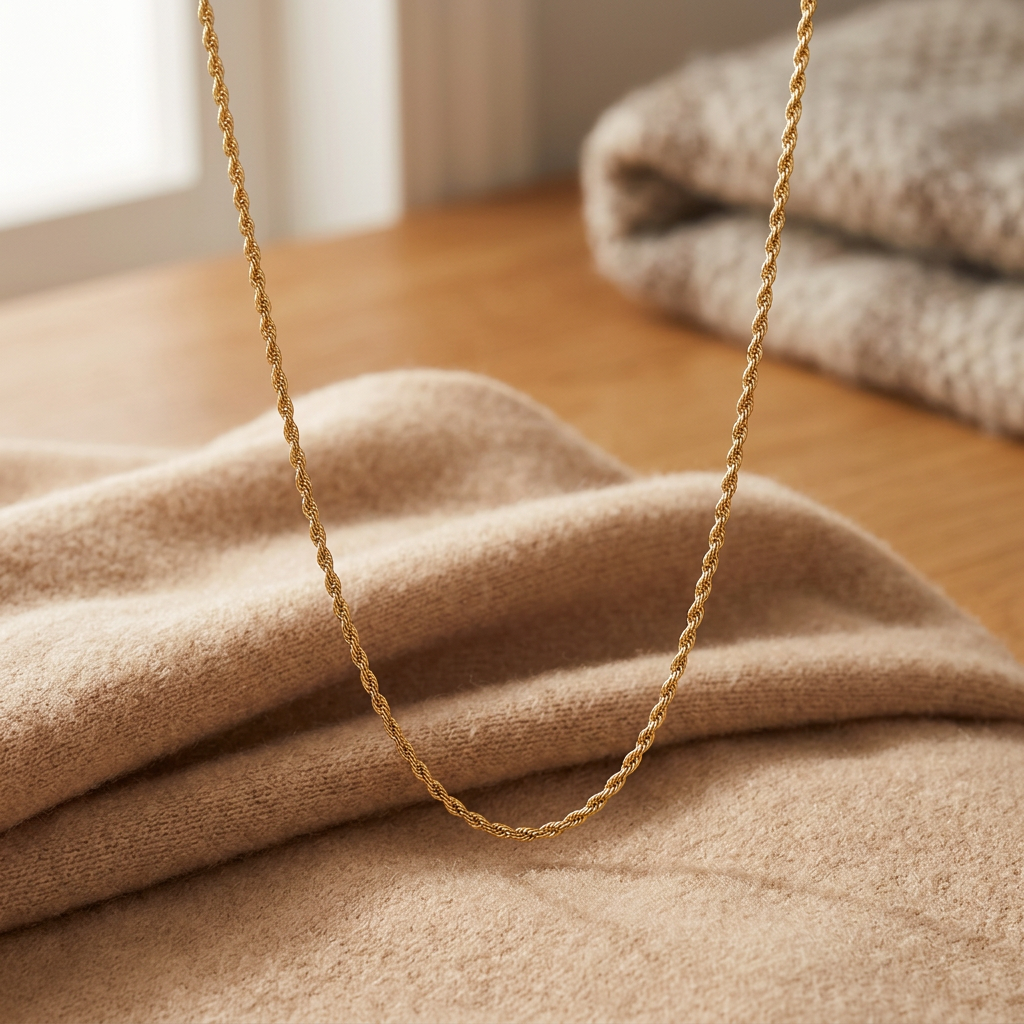 Collier chaîne maille torsadée 2 mm 50 cm, porté en tenue, doré