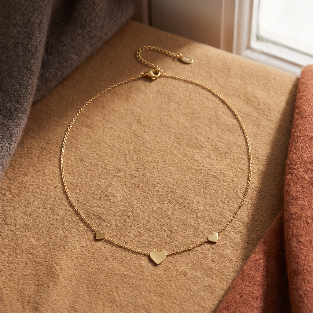 Collier cœur minimaliste sur chaîne, porté en tenue, doré