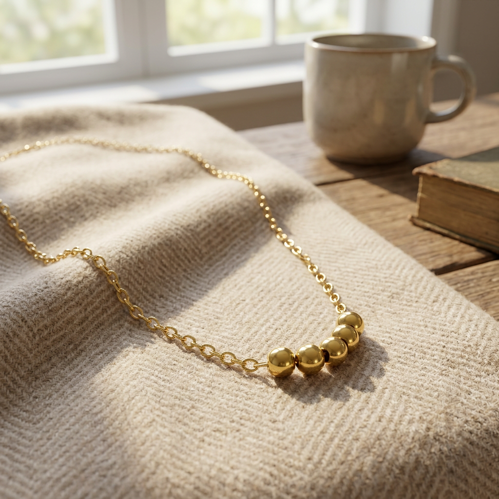 Collier ras de cou à boules, porté en tenue, doré