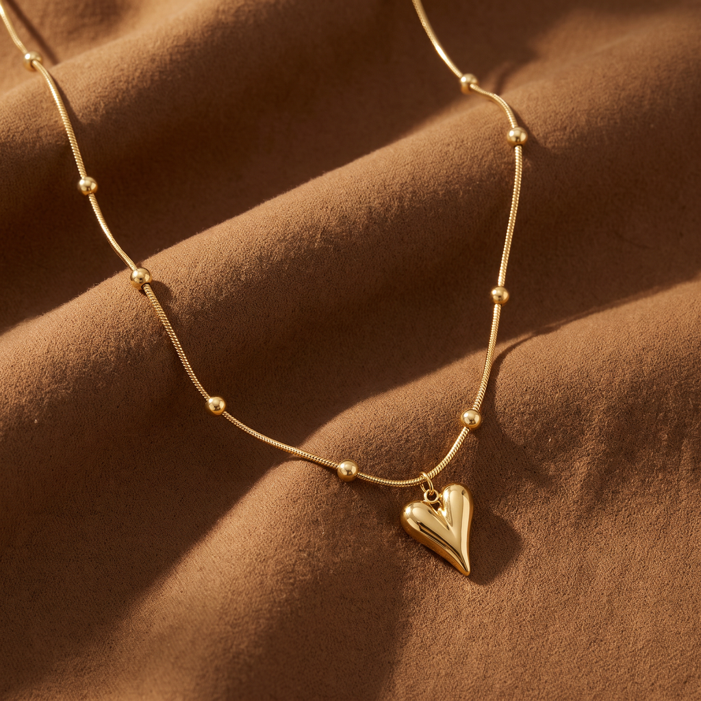 Collier cœur sur chaîne à boules, porté en tenue, doré