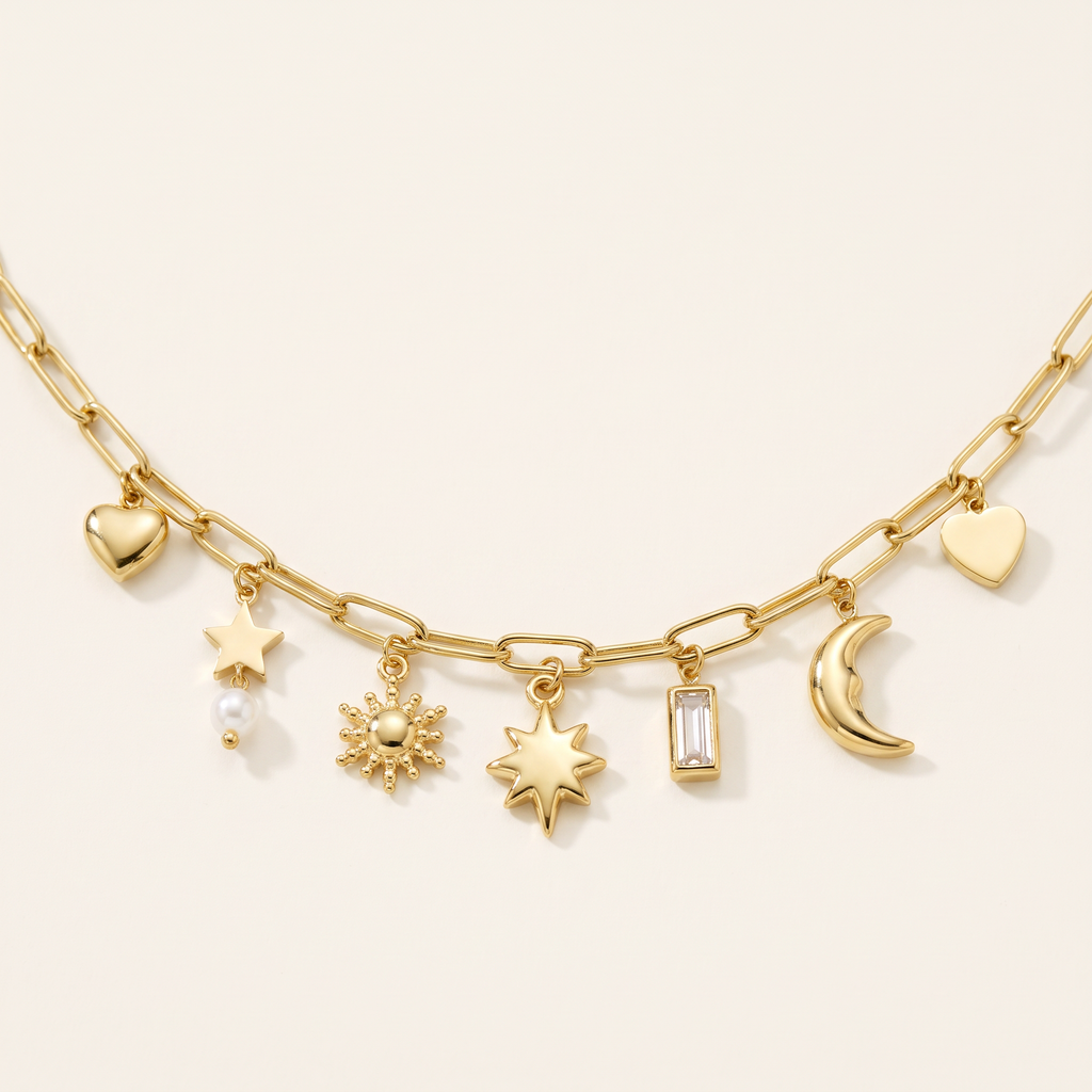 Collier lune et soleil maille trombone, détail du motif, doré