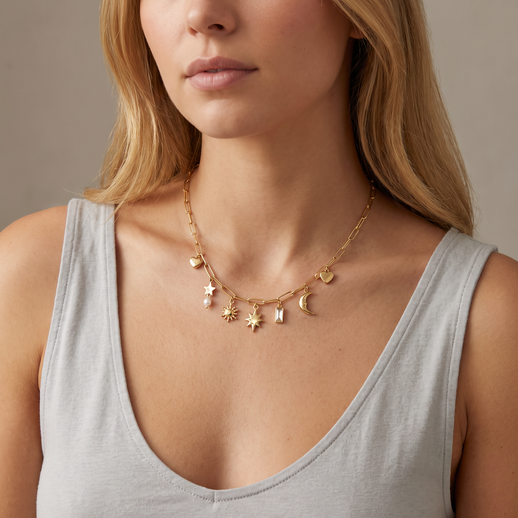 Collier lune et soleil maille trombone, porté mi-corps, doré