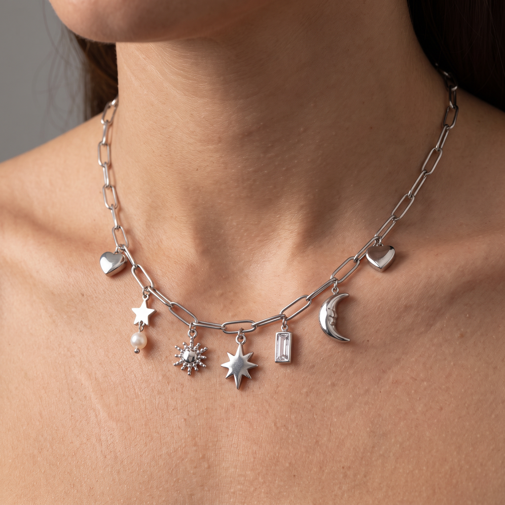 Collier lune et soleil maille trombone, porté, argenté