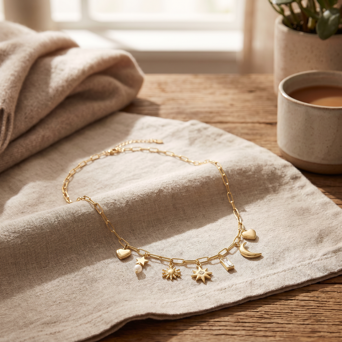 Collier lune et soleil maille trombone, porté en tenue, doré