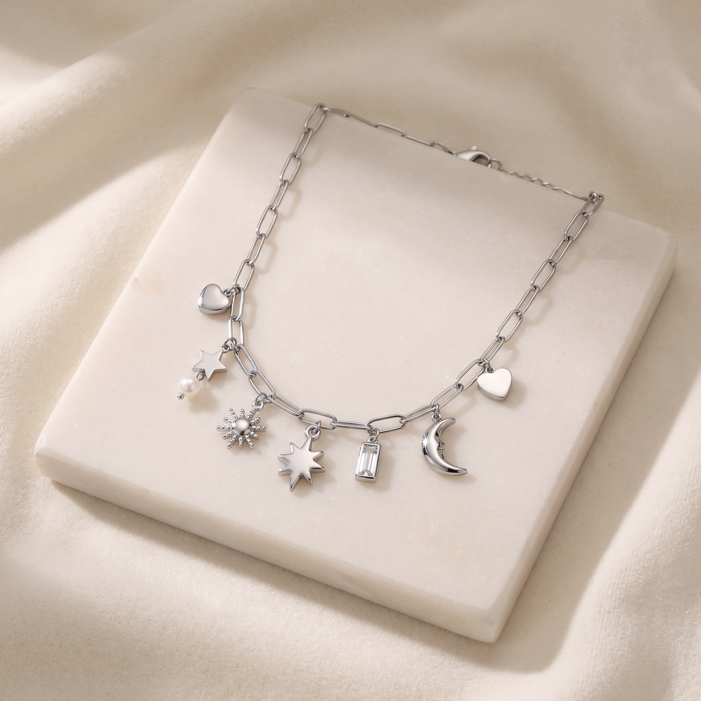 Collier lune et soleil maille trombone — Argenté