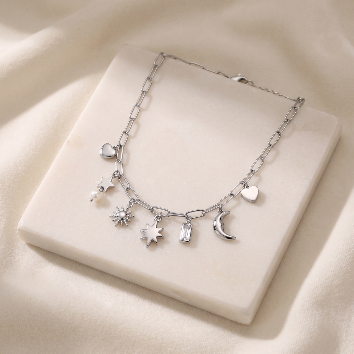 Collier lune et soleil maille trombone — Argenté