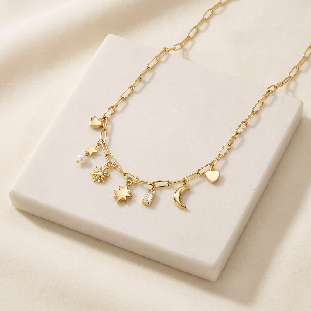 Collier lune et soleil maille trombone — Doré