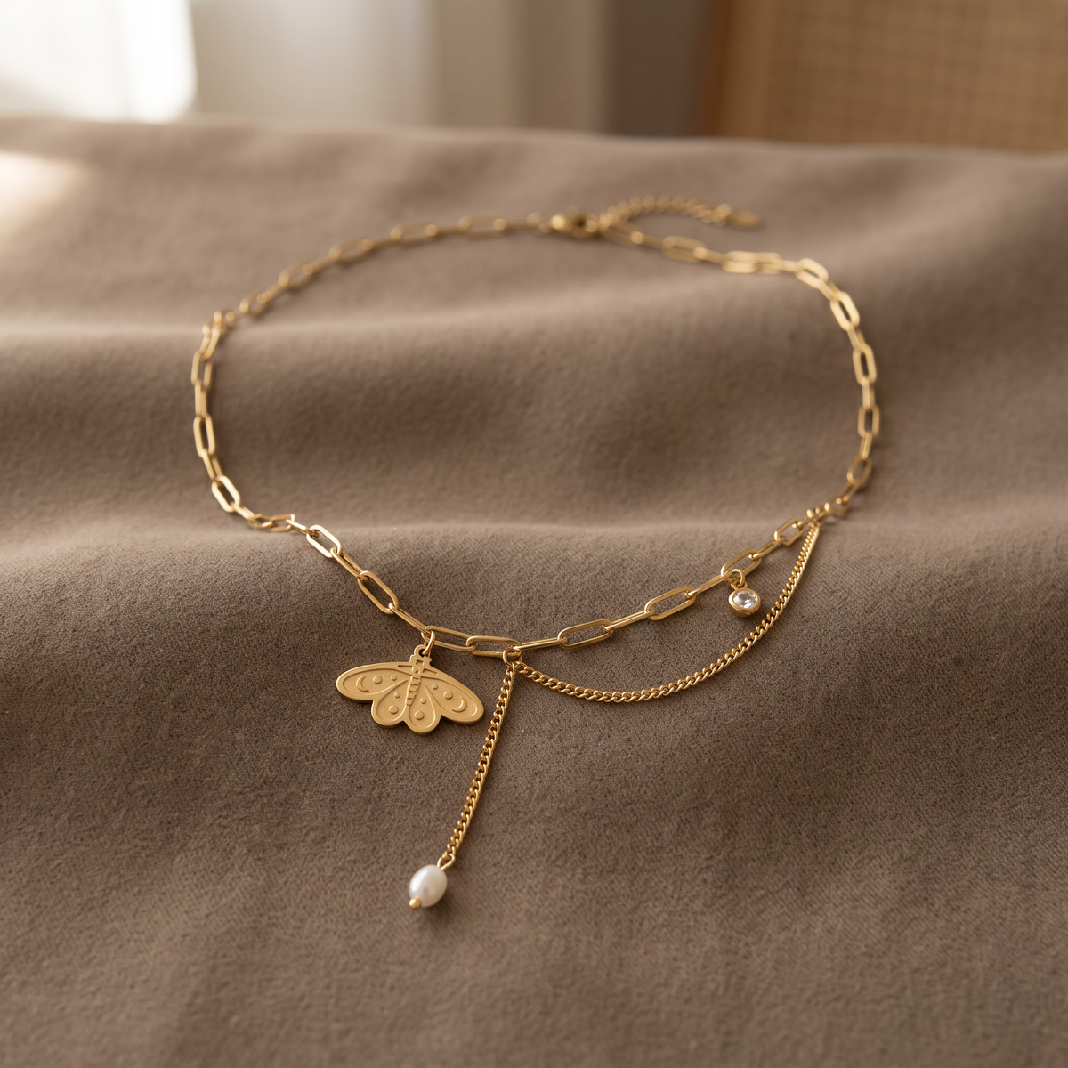 Collier ras de cou papillon à breloques, porté en tenue, doré