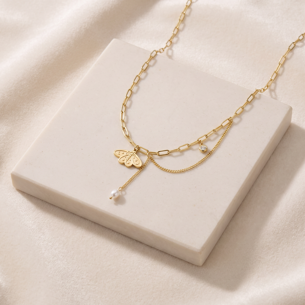 Collier ras de cou papillon à breloques — Doré
