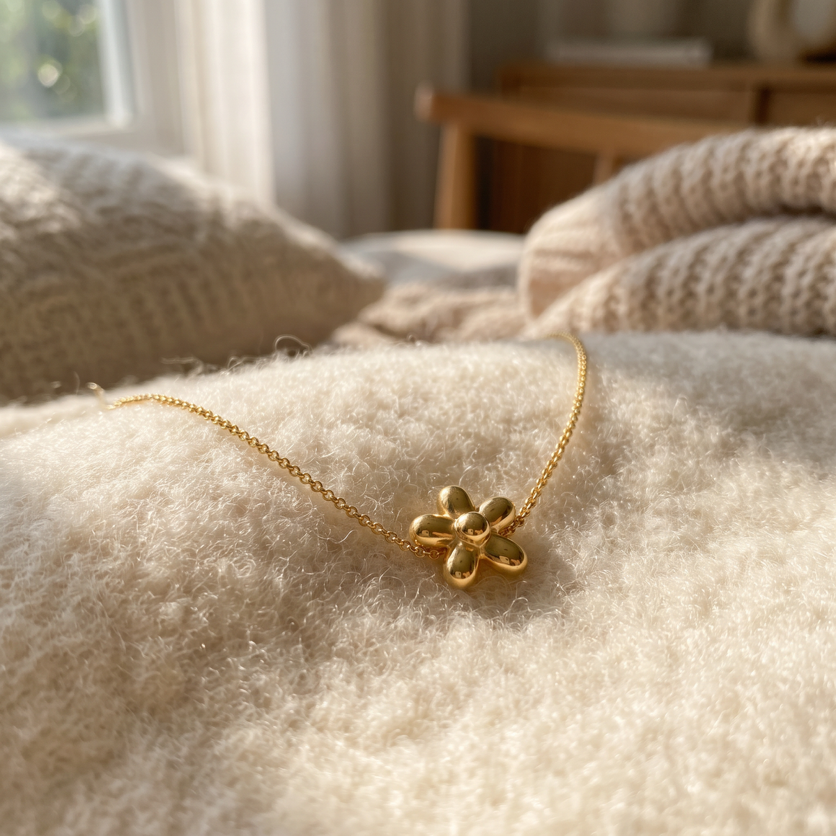 Collier fleur à motif bombé, porté en tenue, doré