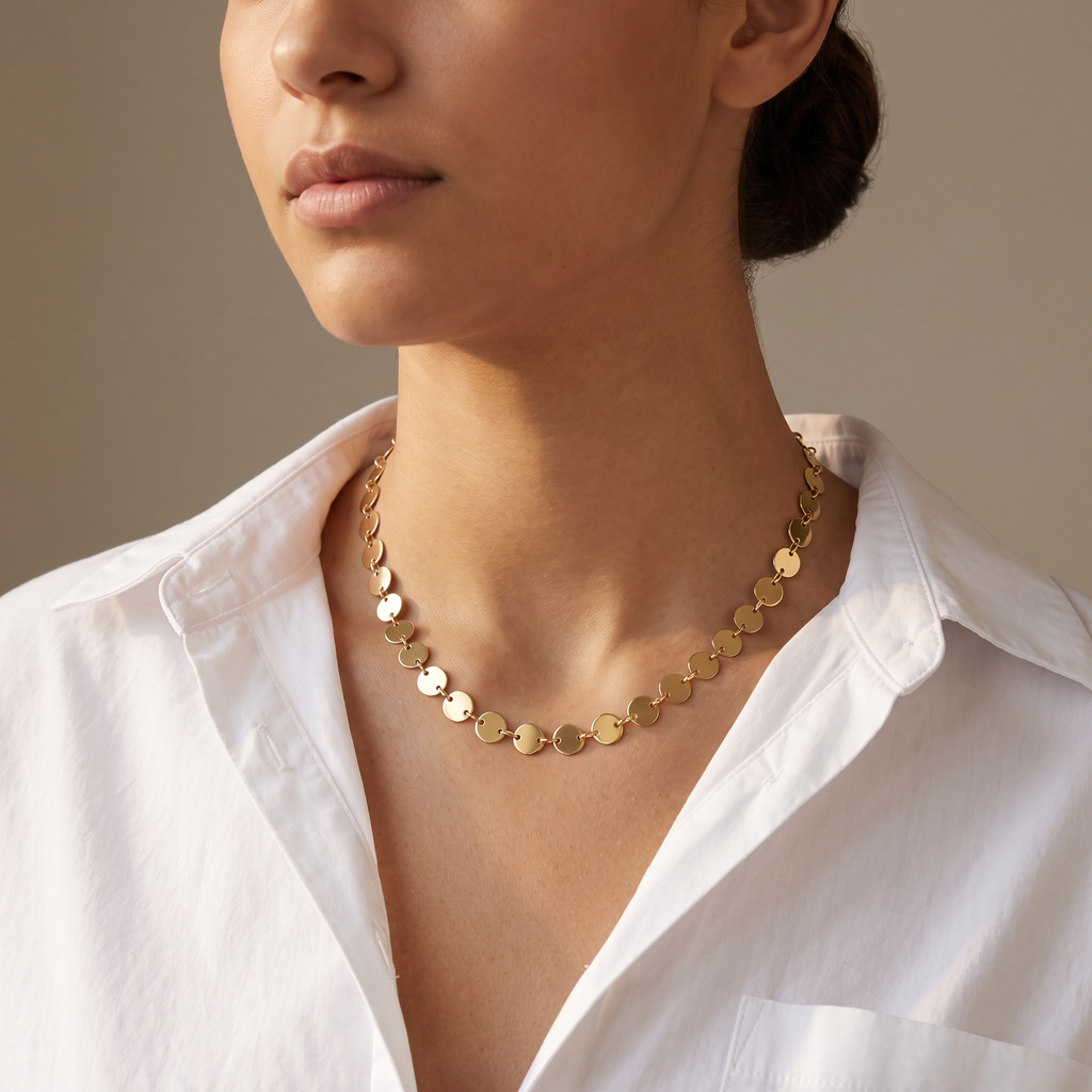 Collier ras de cou à médaillon, porté mi-corps, doré