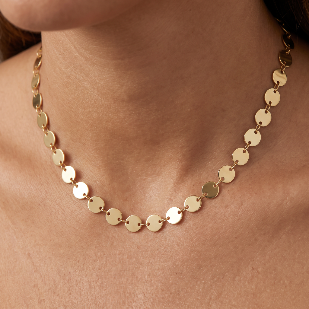 Collier ras de cou à médaillon, porté, doré