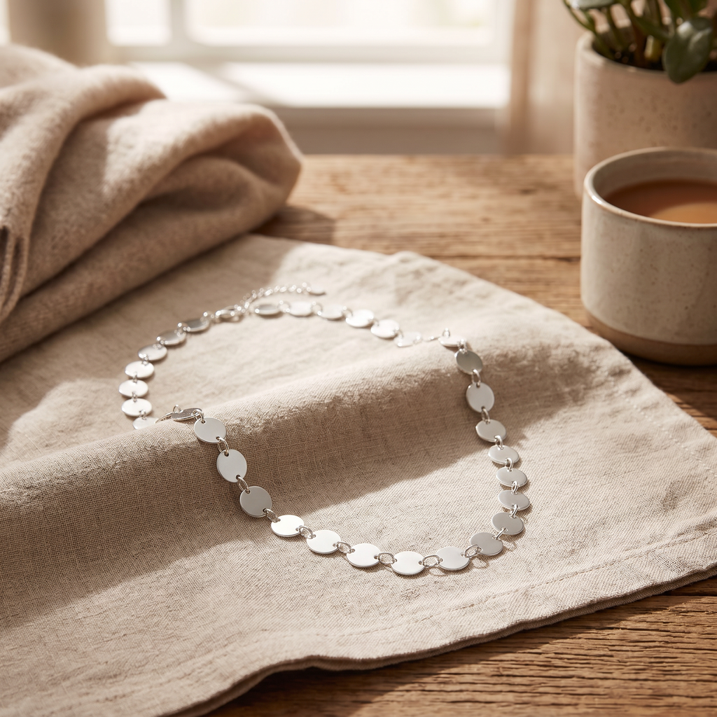 Collier ras de cou à médaillon, porté en tenue, argenté