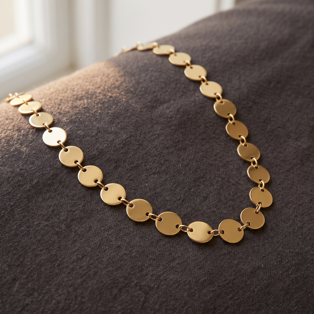 Collier ras de cou à médaillon, porté en tenue, doré