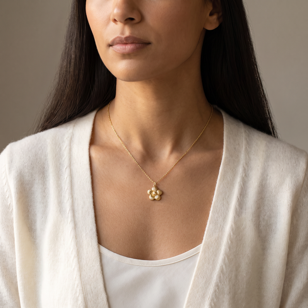 Collier marguerite 39 cm, porté mi-corps, doré
