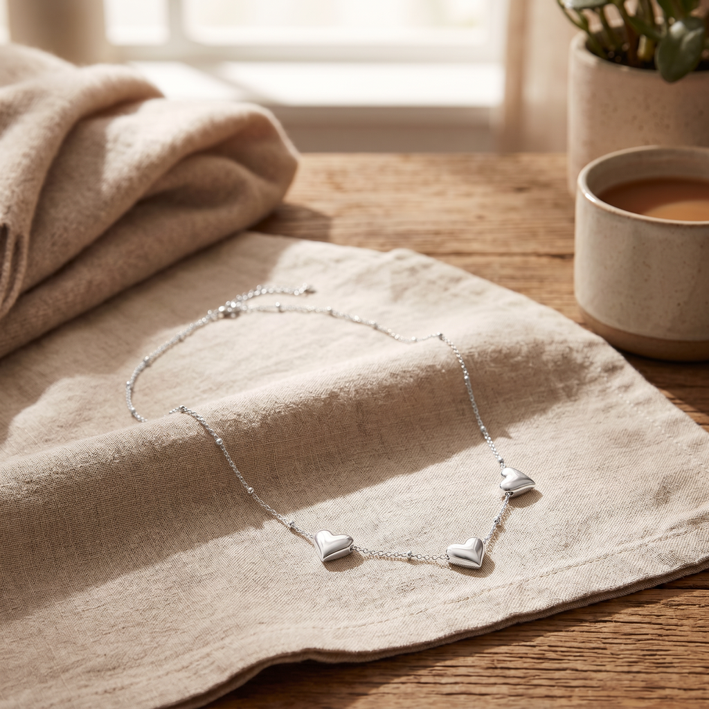 Collier ras de cou cœur, porté en tenue, argenté
