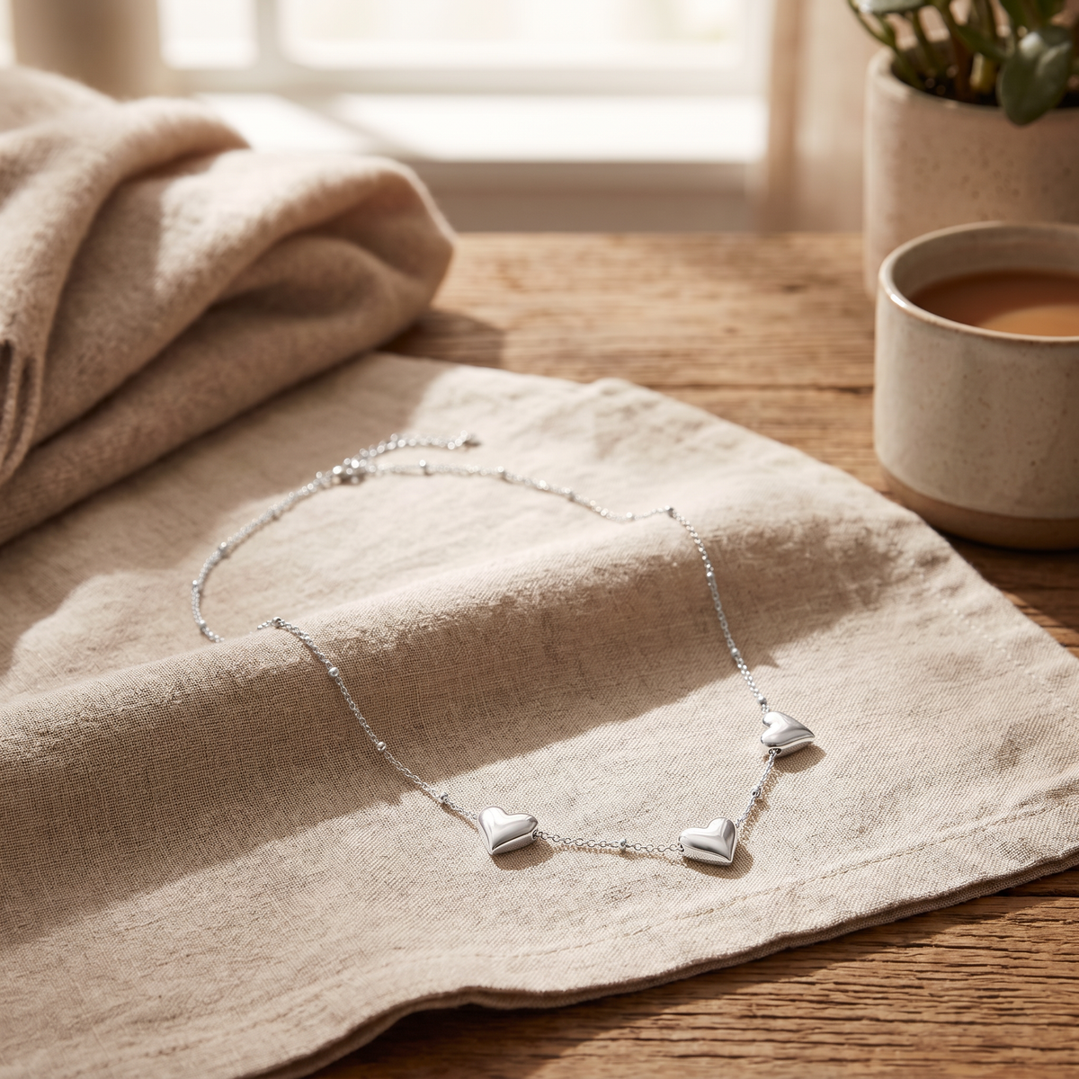 Collier ras de cou cœur, porté en tenue, argenté