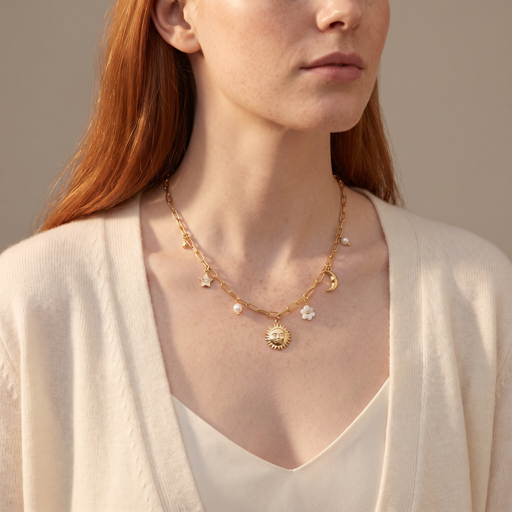 Collier charms étoile, lune et soleil 39 cm, porté mi-corps, doré