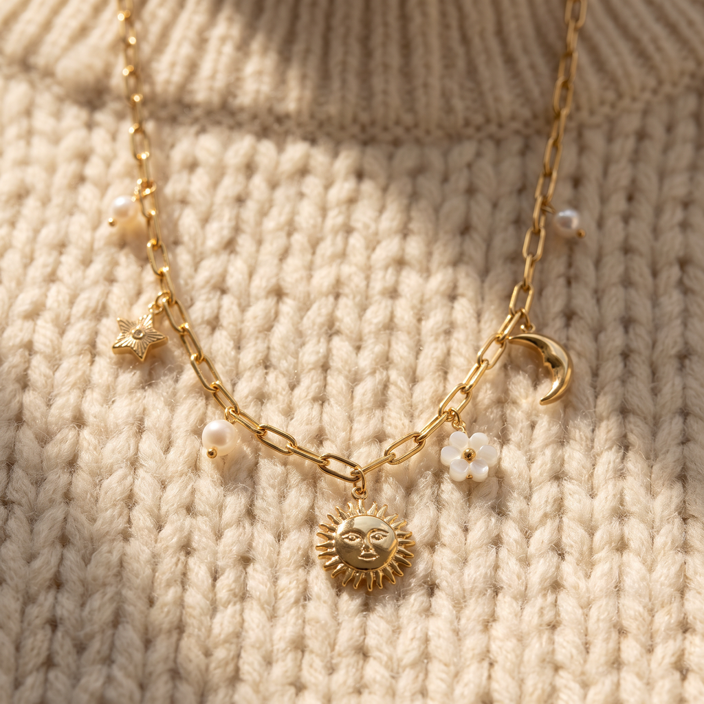 Collier charms étoile, lune et soleil 39 cm, porté en tenue, doré
