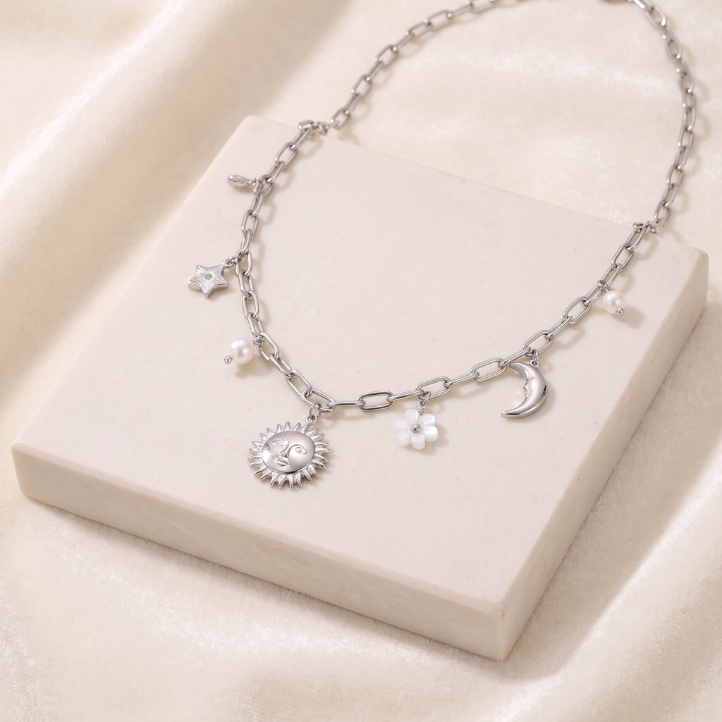 Collier charms étoile, lune et soleil 39 cm — Argenté