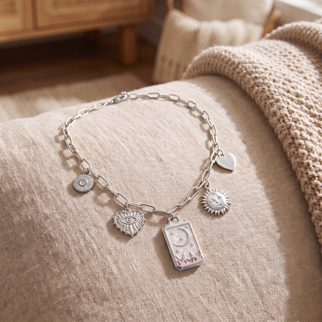 Collier charms lune et soleil en émail, porté en tenue, argenté