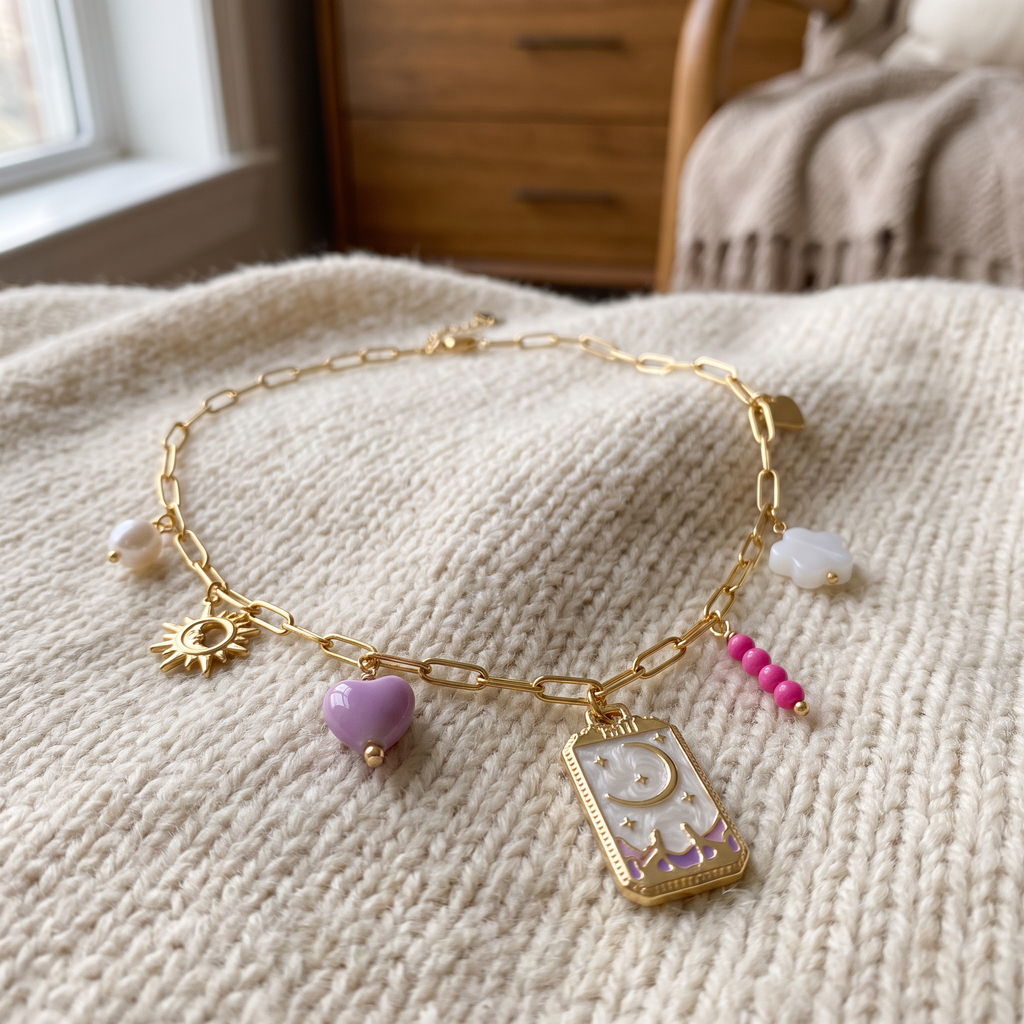 Collier charms lune en émail coloré, porté en tenue, doré