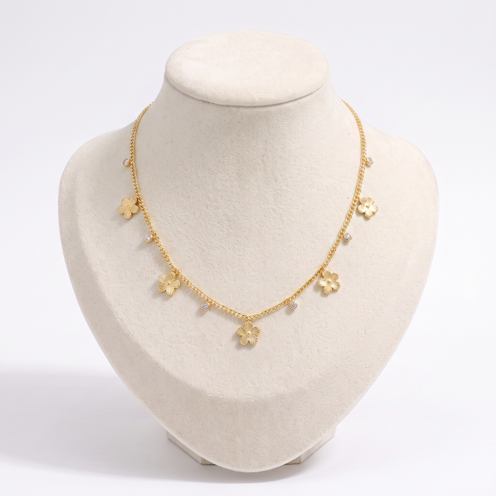 Collier fleur à strass, vue de face, doré